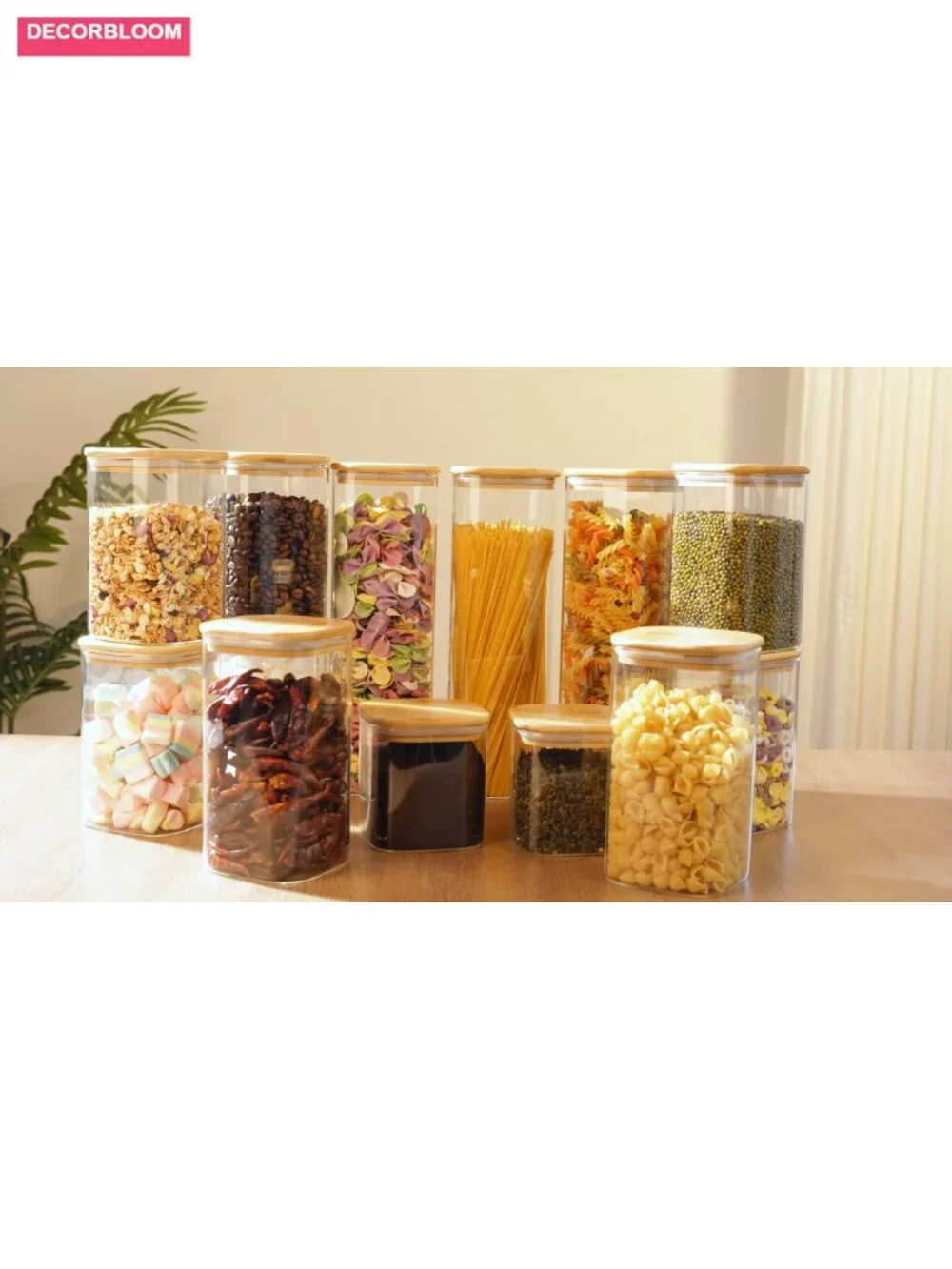6 Pack Glass Pantry Storage Jars 37oz Airtight Square Canisters with Bamboo